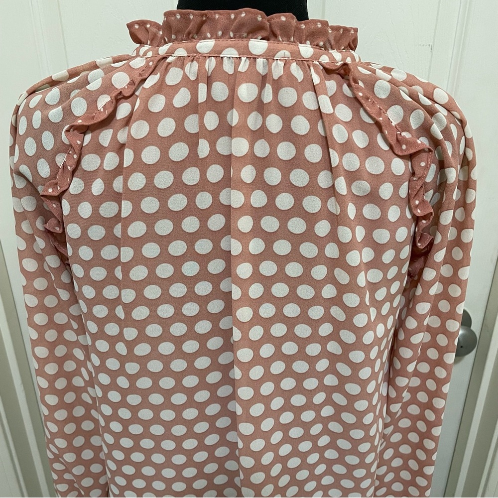 Rose + Olive Dusty Pink White Polka Dot Blouse Ruffle Detail Women's X-Small XS - Picture 4 of 8